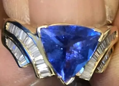 Beautiful 14k YG Trillion Cut 3.15 Ct Nat. Prple Tanzanite & Diamond Ring Size 8 • £1285.91