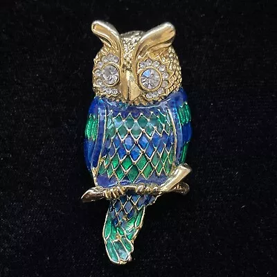 Mazer/Jomaz? Horned Owl Pin Brooch Enamel Cabochon Clear Rhinestones Vintage F6 • $49.99