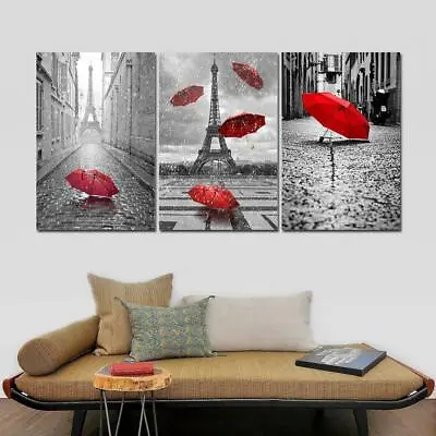 Black & White Red Umbrella Romantic Paris France Eiffel Tower Framed 3 Piece Can • $89