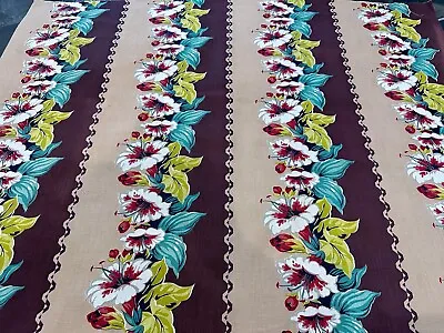 1940's MAHALO ALOHA Hibiscus On Chocolate Latte Barkcloth Era Vintage Fabric • $39.99