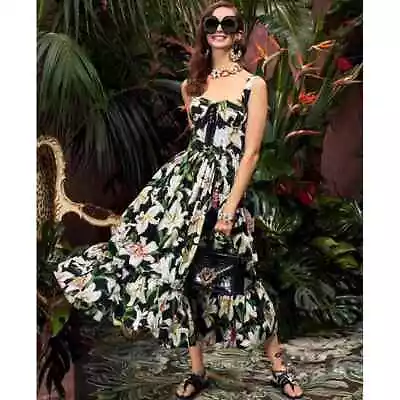 AUTH Dolce&Gabbana Lilly Floral Printed Cotton Lace Up Bustier Dress 44it • $1550