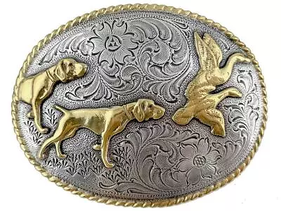 Dogs And Birds Hunting Trophy Western Style Silver And Gold Plate Belt Buckle • $15.95