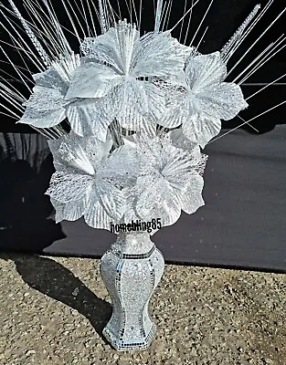 Silver Bling Mosaic Romany Mirror 30cm Vase With Set Of Flowers And Silver Spray • £30.99