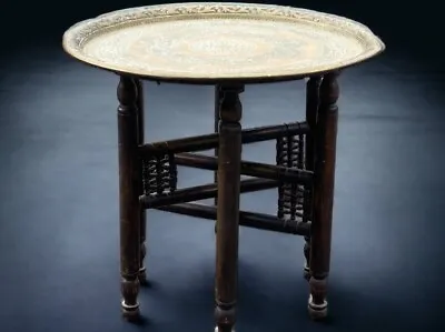 Antique Persian Benares Folding Table With Brass Tray 56cm Diameter 51cm High • $138.96