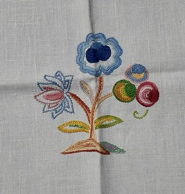 Linen Tablecloth Vintage Hand Embroidered Bright Bold Floral Design 1950's • $18.50