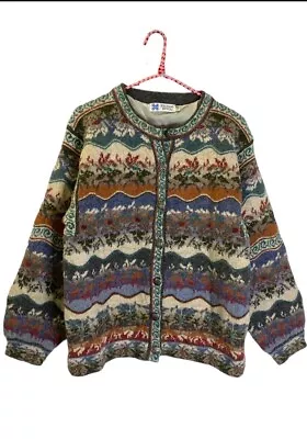 Icelandic Design Floral Striped Wool Cardigan Sweater Small A Vintage • $30