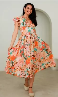 DREAMCATCHER Bella V Neck Orange Floral Boho Maxi Dress Size 14 XL • $35