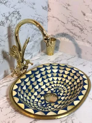 Brass Sink  Bone And Blue Resin Design  Moroccan Bathroom Sink 19 X 15   • $450