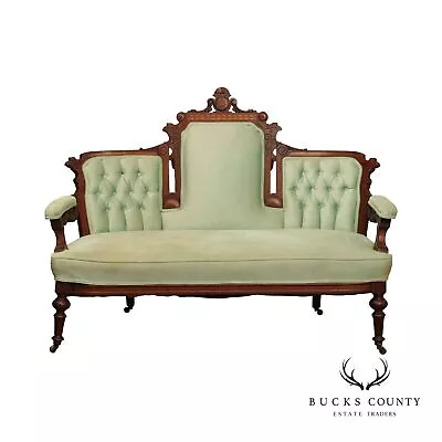 Antique 19th C. Victorian Eastlake Aesthetic Inlaid Carved Walnut Parlour Settee • $1295