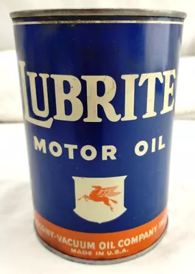 Vintage LUBRITE Motor Oil 1 Quart Metal Can Pegasus - Mobiloil Socony Vacuum • $70