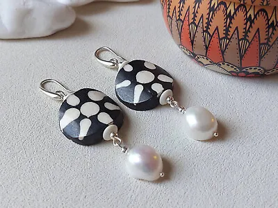 Earrings With Kenyan Bone Beads Baroque Pearls 925 Silver French Hooks • $44.99