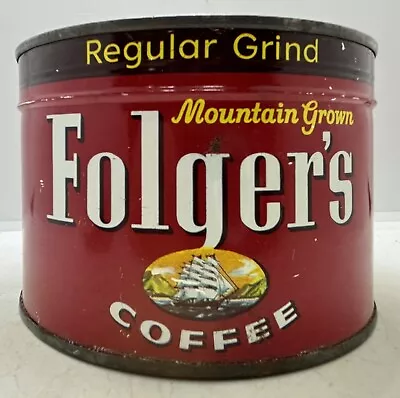 Farmhouse Find Vintage Folger’s Regular Grind Coffee Advertising 1LB. Tin Can • $9.99