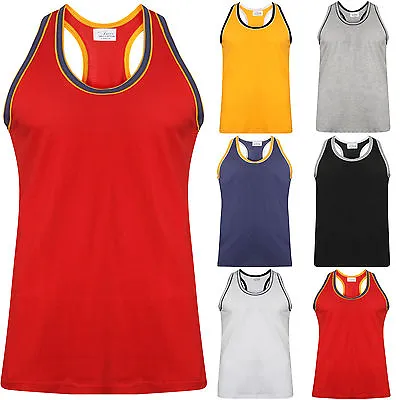 New Mens Vest 100% Cotton Tank Top Lot Trim Muscle Sleeveless Summer Beach • £3.20