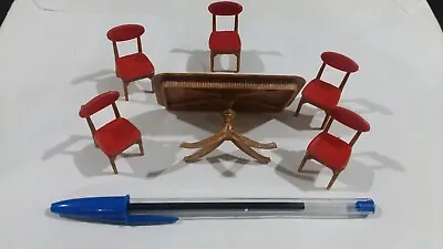 Vintage Dollhouse Miniature Blue Box Dining Table With 5 Red Chairs • $9.99