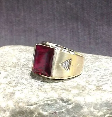  Vintage 14k Yellow Gold Emerald Cut Man-Made Ruby & CZ Cubic Men's Ring • $599