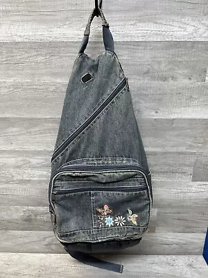 Vintage Mudd Blue Jean Denim Backpack Sling Embroidered Flowers Butterfly-Unique • $56.95