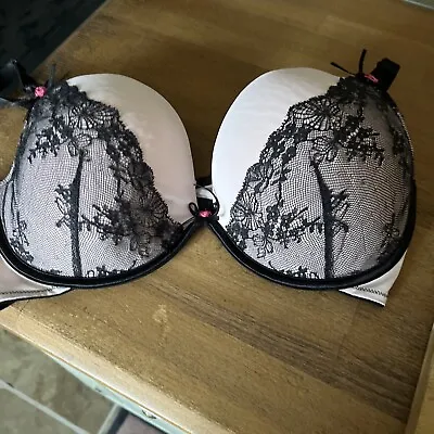M& S Ceriso Sexy Underwired Balcony Bra 38E Moulded Pink Cup Black Lace Fab • £5.99