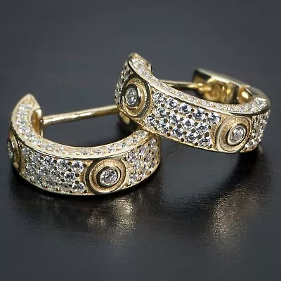Fully Iced Gold Plated Mens Huggie Hoop Earrings Round Real Moissanite • $94.98