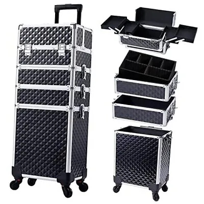  Rolling Makeup Train Case Large Storage Cosmetic Trolley 4 In 1 Large Black • $148.97