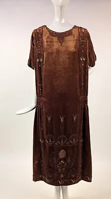 Egyptian Revival 1920’s Brown Velvet Flapper Era Dress W Hand Embroidered Scarab • $695