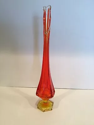 MCM VIKING Glass Persimmon Orange Yellow 15” COLUMN RIBBED SWUNG STRETCH VASE • $49.99