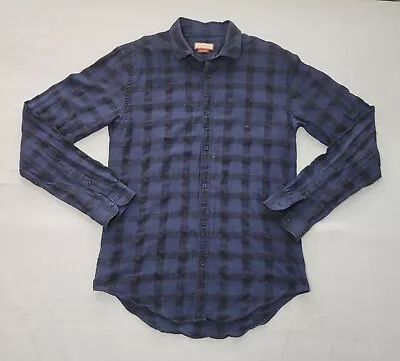 Zara Man Shirt Mens Medium Slim Fit Blue Black Long Sleeve Button Up Plaid Hobo  • $12