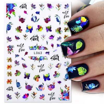 $1.10 • Buy Colorful Butterfly 3D Nail Stickers Leaf Flowers Line Nail Art Decals Xmas Decor