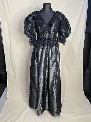 Vintage Black Grey Gothic Maxi Dress Lace Victorian Satin Look Boutique Pagan • £139.99