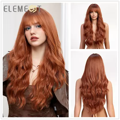 ELEMENT Orange Brown Wavy Synthetic Wig For Women Natural Long Wigs With Bangs • $19.79