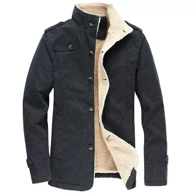 Winter Men's Stand Collar Single Breasted Fleece Lined Warm Jacket Cotton Casual • $32.55