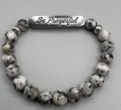 Bracelet Silver Tone Black White Agate Beads Motto Stretch 8  Wrist • $4.17