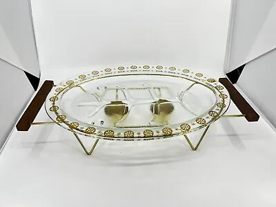 MCMGlasbake Atomic Oval Meat Platter Teak Brass  Warming Tray W Tea Light Warmer • $69