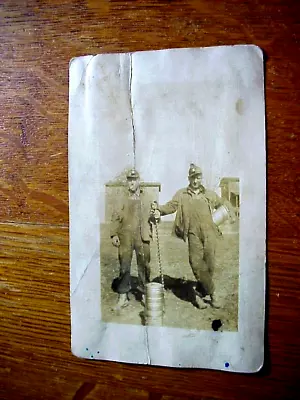 Antique RPPC Real Photo POSTCARD Of 2 COAL MINERS With Auger Drill & Carbide Can • $3.39