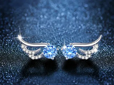 £3.49 • Buy Blue Crystal Angel Wing Stud Earrings 925 Sterling Silver Women Jewellery New UK
