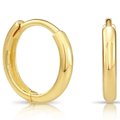 14K Solid Yellow Gold Shiny Round Plain Huggie Hoop Earrings Small Size 12MM • $119