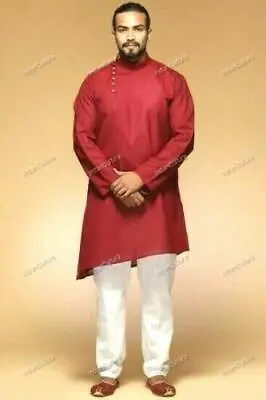 Mens Kurta Pathani Kurta Indian Traditional Wear Suit Solid Pattern Red Kurta • £19.30