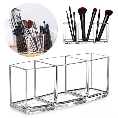 Makeup Brush Holder 3 Slot Acrylic Cosmetic Organizer Case Storage Box Stand • £4.85