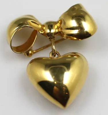 Vintage Shiny Gold Tone 3-D Bow Puff Heart Dangle Signed Monet Brooch Pin • $9.99