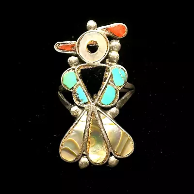 Vintage Zuni ThunderBird Sterling Silver Ring MOP Turquoise Coral Black Onyx • $49.99