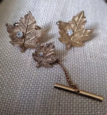 Vintage SWANK Maple Leaf Golden Cuff Links & Tie Tack Set With Rhinestone  Rare • $10