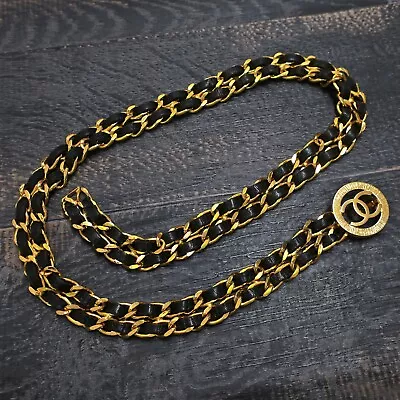 CHANEL Gold Plated Black Leather CC Logos Charm Vintage Chain Belt #296c Rise-on • £488.01