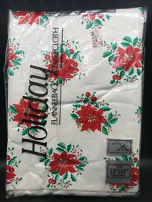 Vintage Flannel Back Vinyl Tablecloth Christmas  Poinsettia 52  X 90 -NEW • $8.99