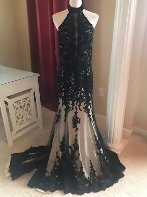 Serendipity Black Bead & Lace Formal Gown Hollywood Red Carpet Glamour Size S • £168.78