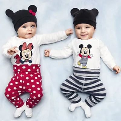 £5.17 • Buy Baby Minnie Mickey Mouse Bodysuit Romper Pants + Hat Clothes 3Pcs Outfit Set