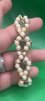 Vintage Signed Ciro Real Pearl Jade? Leaf Bracelet 8 1/4” • $55.24