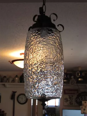 1970s Mid Century MCM Hanging PENDANT Swag LIGHT Cylinder W/CRACKED ICE Globe !! • $125