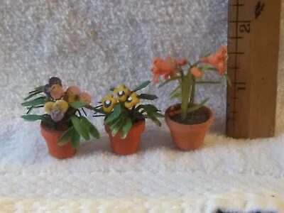 3 Vintage Dollhouse Miniature Artisan Potted Flowers  • $21.99