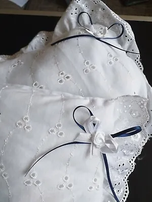 £8 • Buy Hand Made Embroidery Anglaise Dolls Pram Set. White Cover & Pillow. Navy Bows. 
