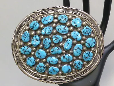 Vintage Navajo Tommy Moore Sterling Silver & Turquoise Belt Buckle - 134.9 Grams • $549.95