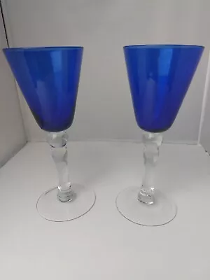 Vintage Hand Blown Cobalt Blue With Clear Stem Wine Glasses Set Of 2 • $30